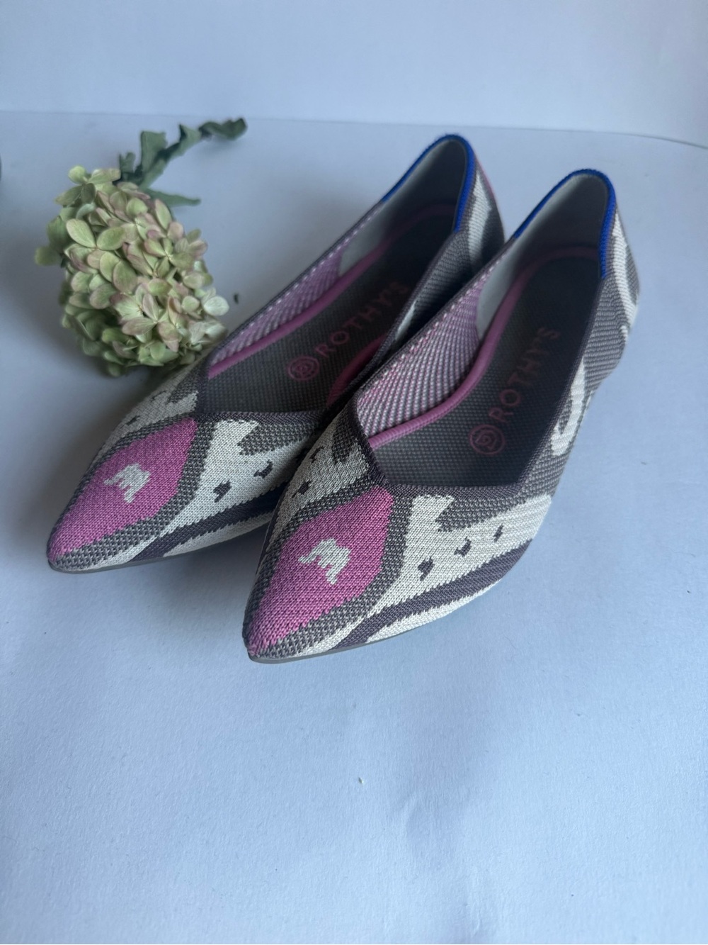 Rothy's Pointed Knit Flats in Pink, Gray and Cream